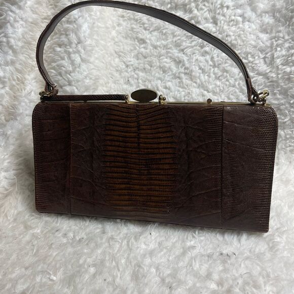 Vintage Brown Snake skin print handbag with antique gold tone hardwares. - Picture 2 of 15